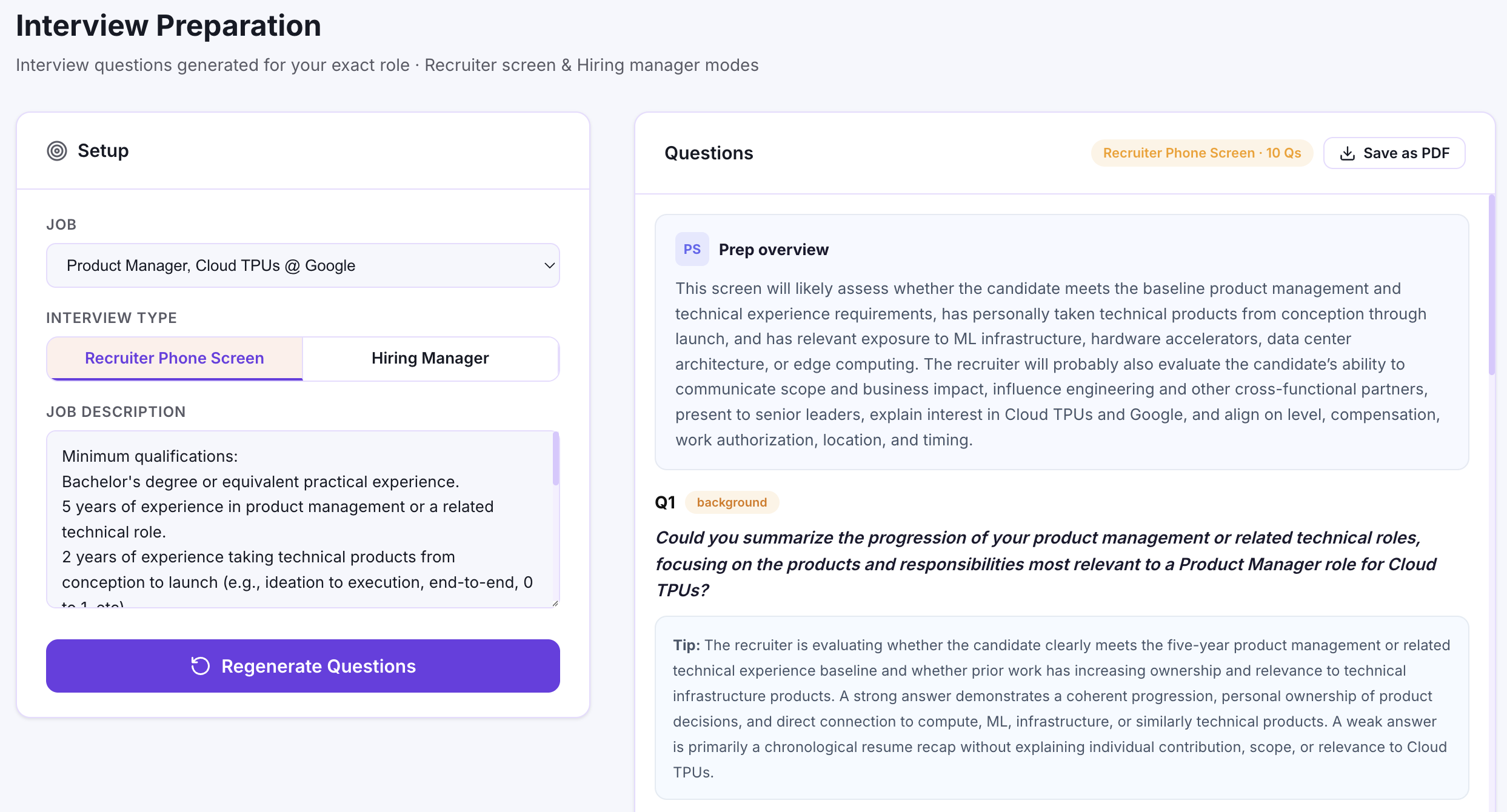 HireKey Interview Preparation showing recruiter phone-screen and hiring-manager modes, generated questions, answer tips, and Save as PDF.