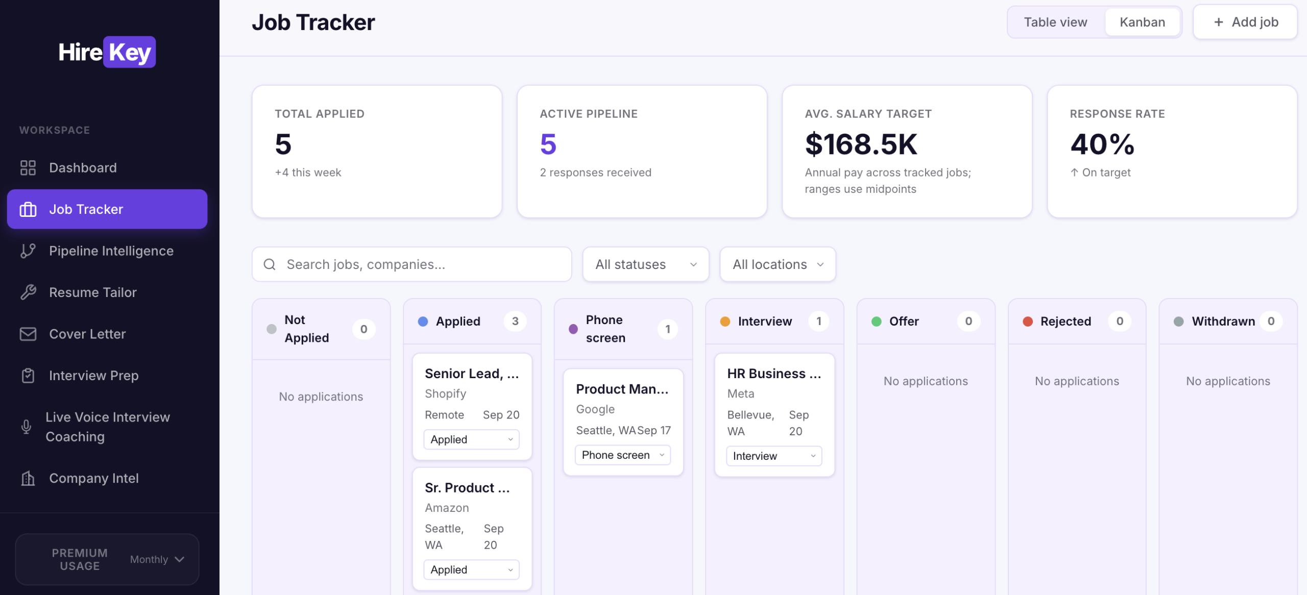 HireKey Job Tracker with table and Kanban views and columns for Not Applied, Applied, Phone Screen, Interview, Offer, Rejected, and Withdrawn.